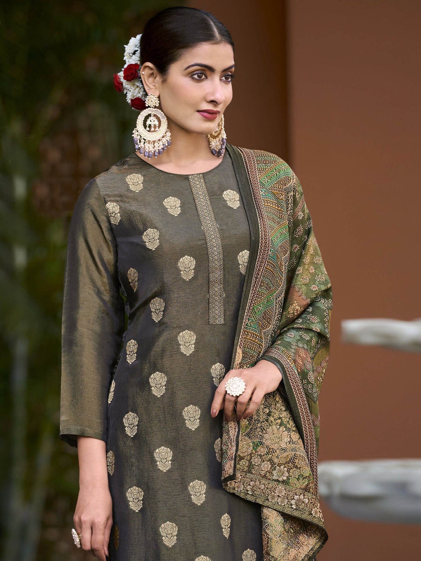 Jyoti Fashion Women's Green Pure Silk Elegant Jacquard Woven Kurta with Trouser & Dupatta