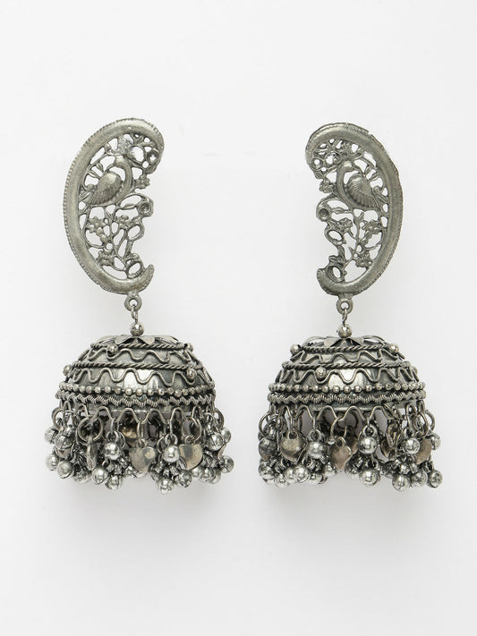 NVR Women's Silver-Plated Oxidised Dome Shaped Jhumka Earrings | Swadesiicart