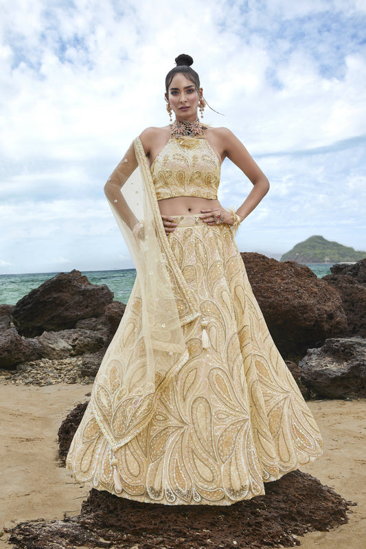 House of Panchhi Cream Net Multi Sequins with heavy Zarkan embroidery Lehenga choli & Dupatta | Swadesiicart