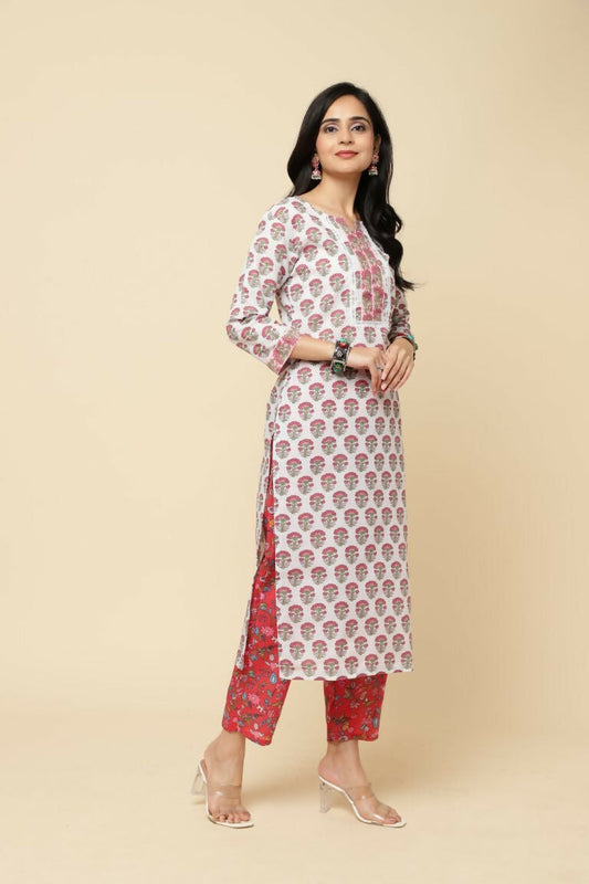 Designer Stylish Red Cotton Blend Stitched Suit With Dupatta - Tanisha | Swadesiicart