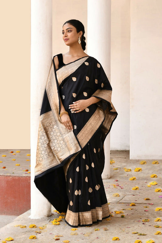 Joban Fashion Black Pure Katan Pure Handloom Banarasi Silk Saree | Swadesiicart