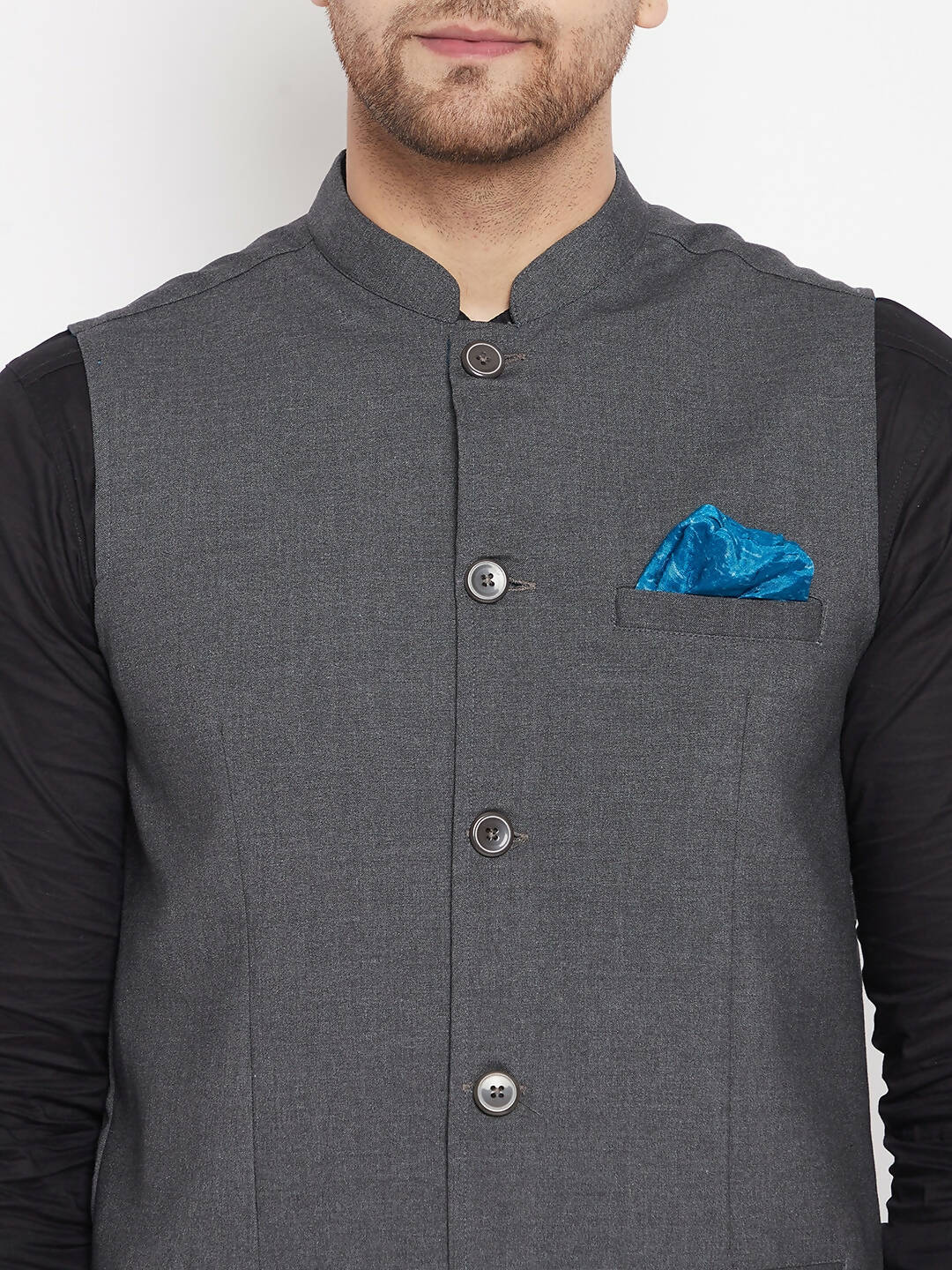 Even Apparels Grey Merino Men's Nehru Jacket-Contrast Lining-Free Pocket Square PW691 | Swadesiicart