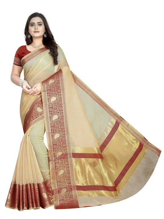 Vamika Banarasi Jaquard Cream Weaving Saree | Swadesiicart