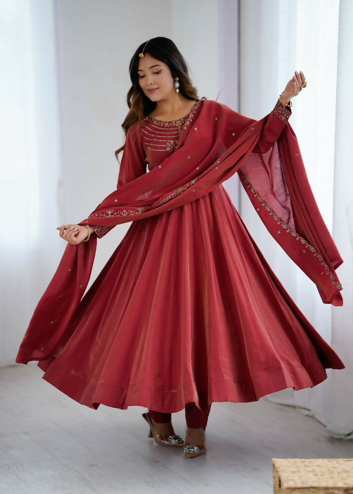 Joban Fashion Maroon Kurta Set Chanderi Sequence Embroidery Work - Swadesiicart