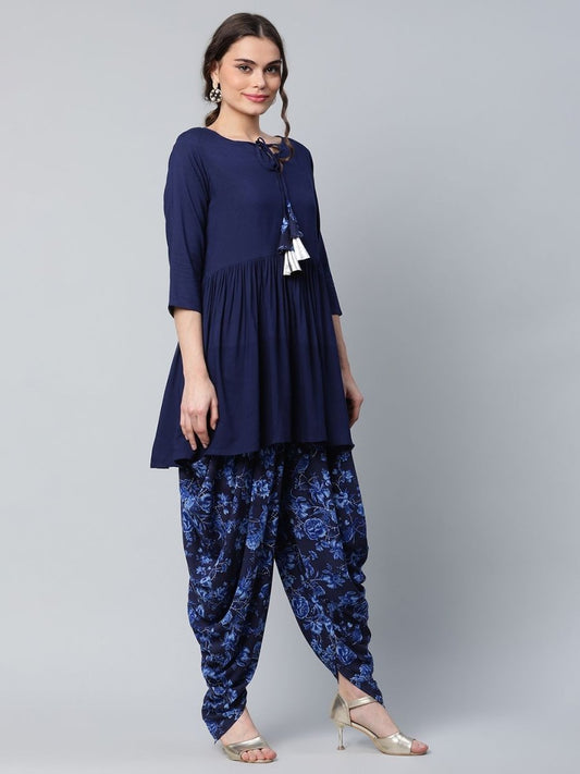 Ahalyaa Women Navy Blue Rayon Floral Empire Kurti with Dhoti Pants | Swadesiicart