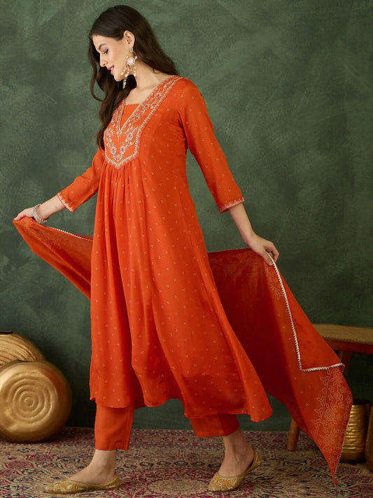 The52 Orange Women's Gorgeous Embroidered Chinon Fabric Flared Kurta Pant and Dupatta Set - Swadesiicart