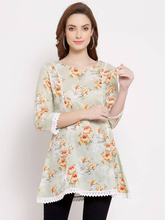 Myshka Women's Off White Cotton 3/4 Sleeve Round Neck Printed Casual Tunic