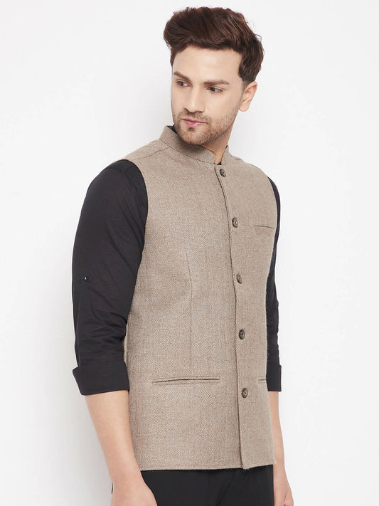 Even Apparels Beige Wool Men Woven Nehru Jacket | Swadesiicart