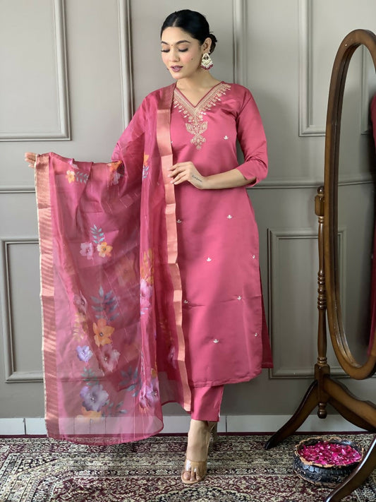 Light Pink Viscose chanderi Stitched Suit With Dupatta - Tanisha | Swadesiicart