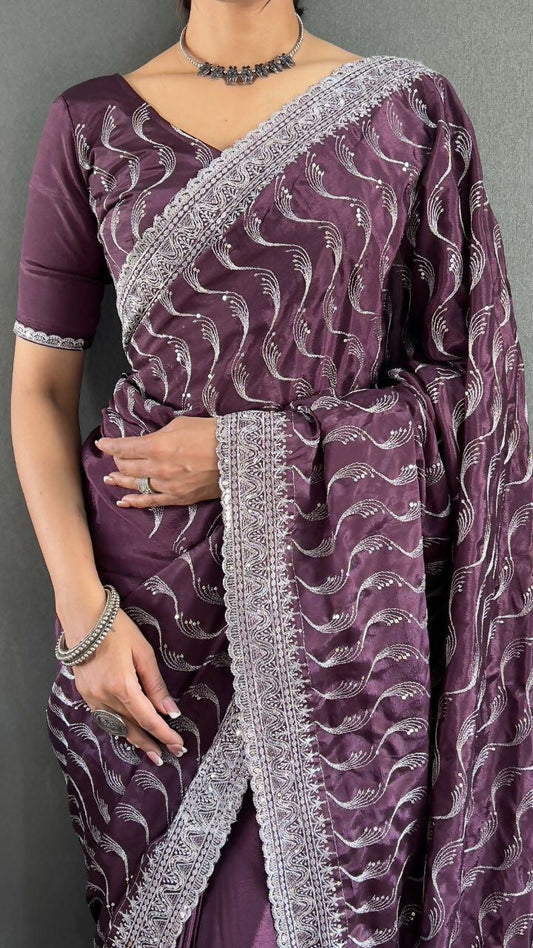 Vastranavya Purple Chinnon Silk Embroidery Multi Sequence & Arco Cut Work Ready to Wear Saree | Swadesiicart
