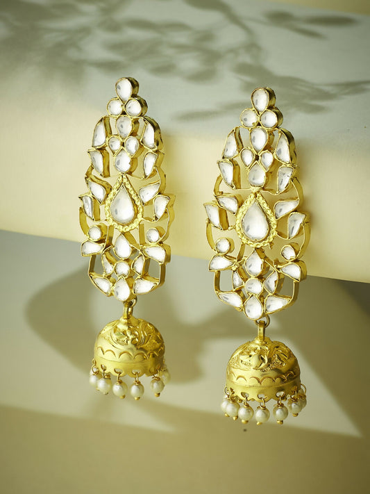 Nuyug 22K Gold-Plated Regal Kundan Stone Studded & Pearl Drop Jhumkas | Swadesiicart