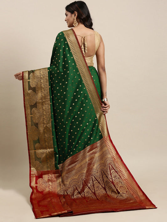 Mitera Green & Gold-Toned Woven Design Zari Silk Cotton Banarasi Saree | Swadesiicart