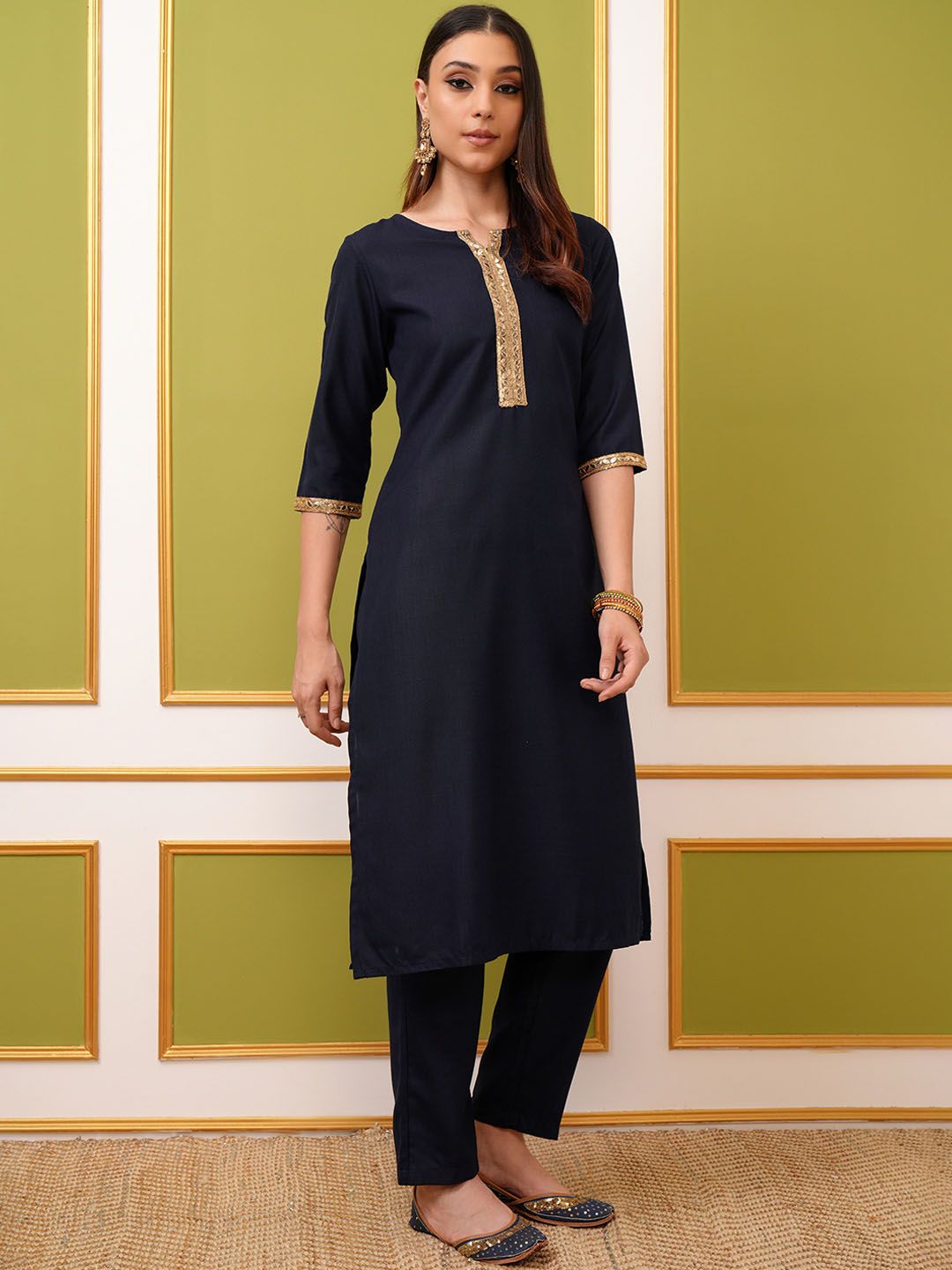 Vishudh Navy Blue & Gold Toned Round Neck Regular Kurta with Trousers & With Dupatta - Swadesiicart