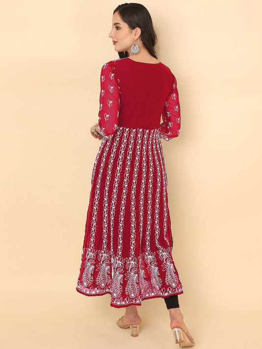 HERE&NOW Chikankari Embroidered Thread Work Georgette Anarkali Kurta | Swadesiicart