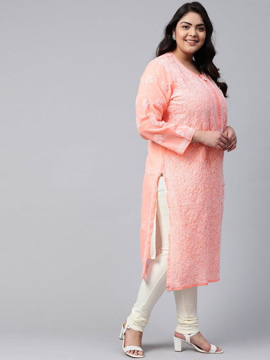 ADA Ada Women Plus Size Peach-Coloured & White Ethnic Motifs Chikankari Georgette Handloom Kurta | Swadesiicart