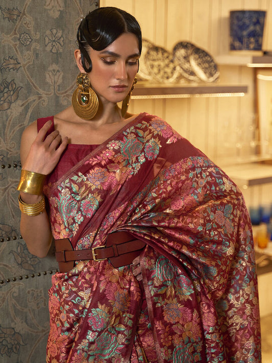 Mitera Maroon & Blue Floral Zari Banarasi Saree | Swadesiicart