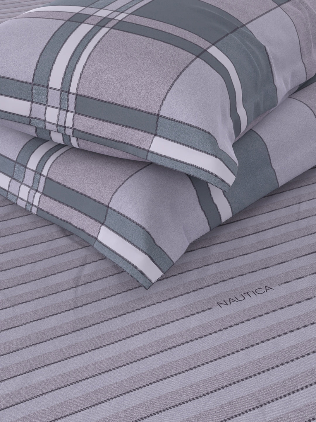 Nautica Grey & Blue Striped Cotton 160 TC King Bedsheet With 2 Pillow Covers - Swadesiicart