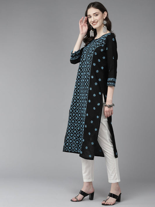 ADA Women Floral Embroidered Cotton Chikankari Kurta | Swadesiicart