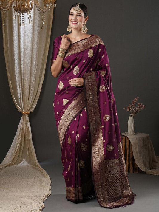 Anouk Purple & Gold-Toned Ethnic Motifs Zari Banarasi Saree | Swadesiicart