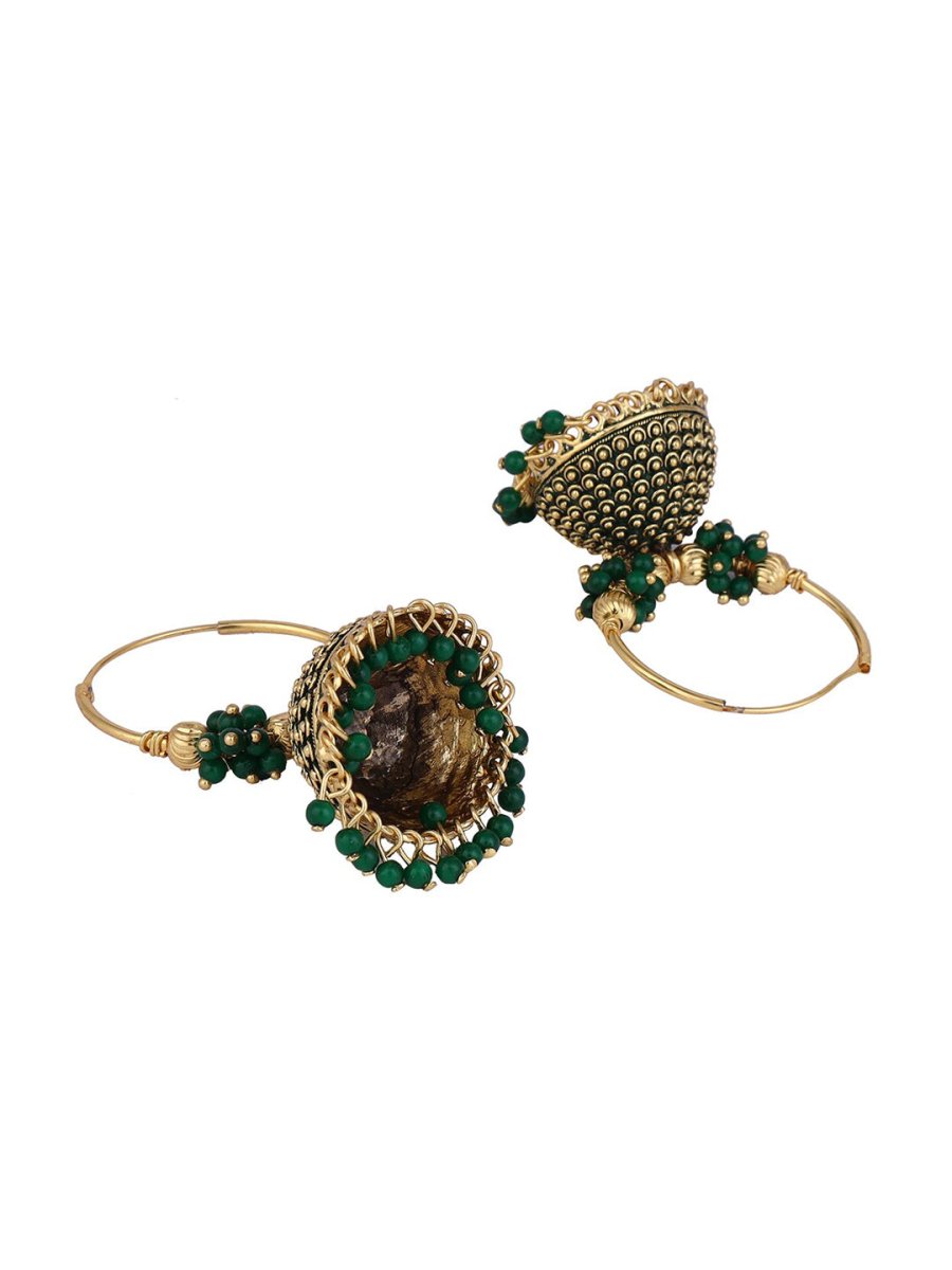 Anikas Creation Green & Gold-Toned Contemporary Jhumkas Earrings | Swadesiicart