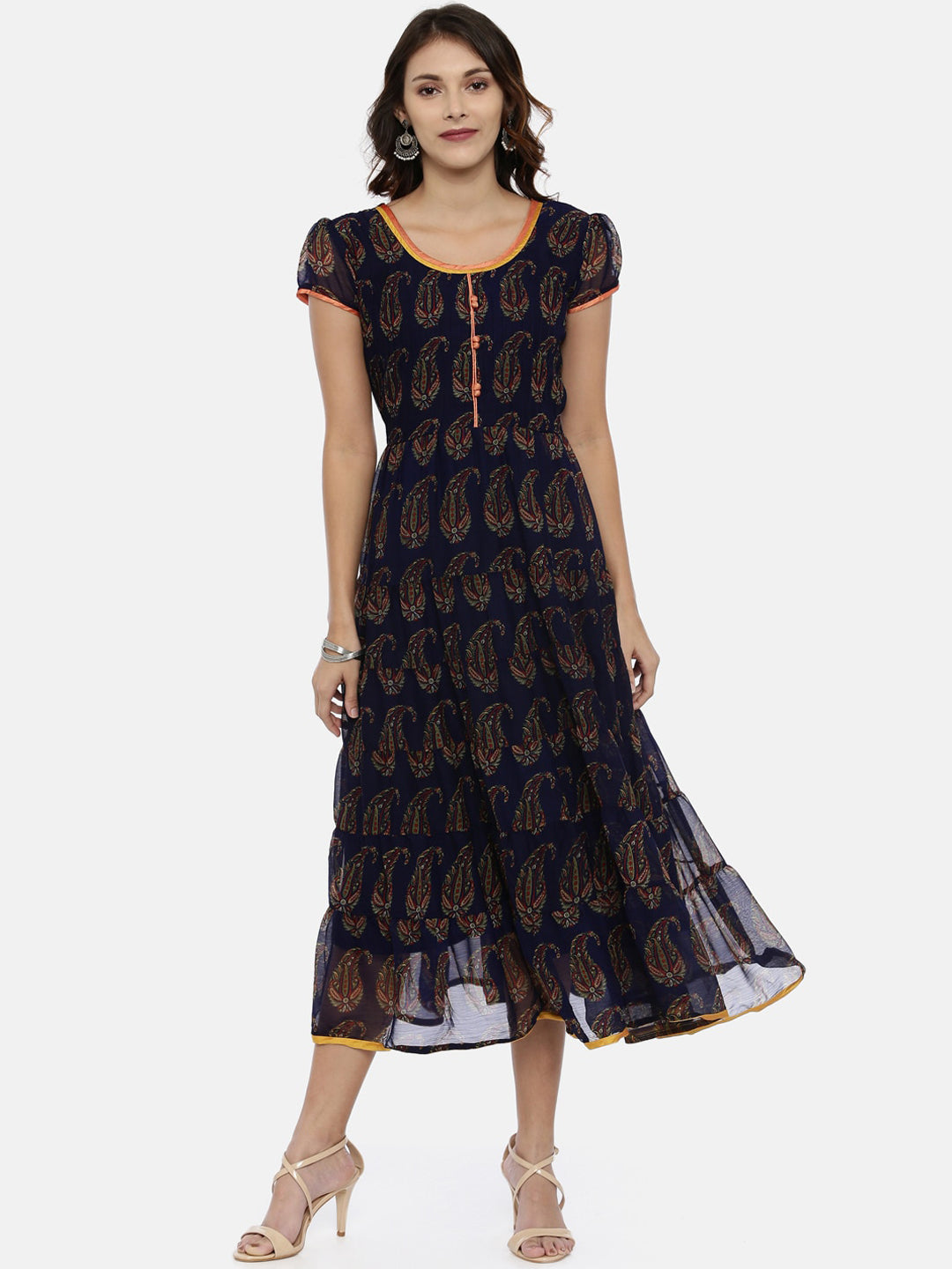 Souchii Women Navy Blue Printed Fit And Flare Dress - Swadesiicart