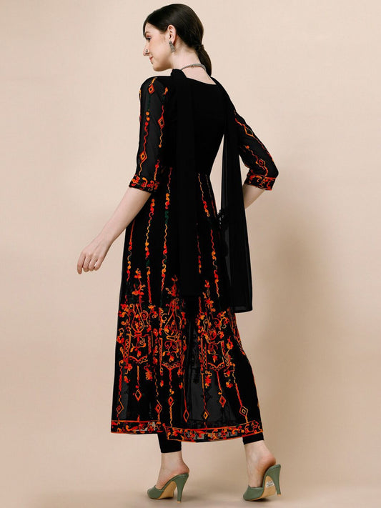 Kalini Floral Thread Work Pleated Anarkali Kurta with Dupatta - Swadesiicart