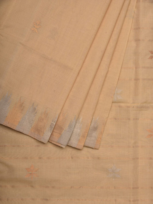Beige Khadi Cotton Handloom Saree with Temple Border Design - Global Threads | Swadesiicart