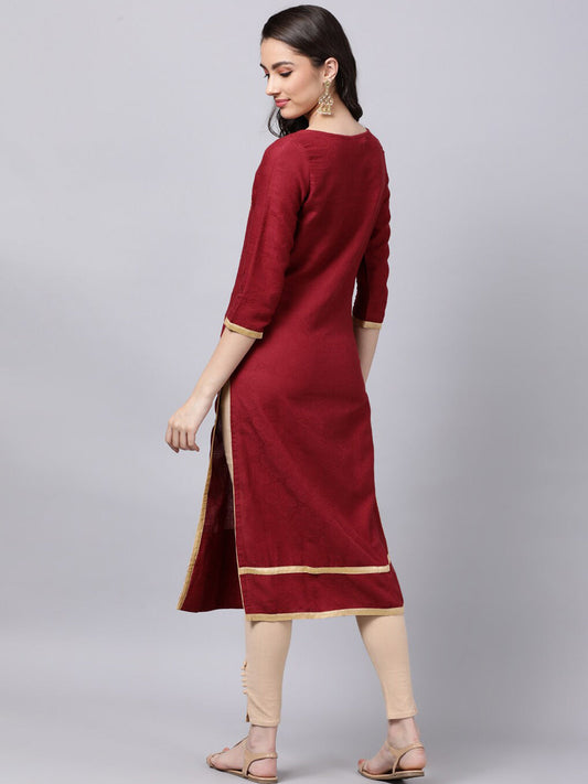 Souchii Maroon & Yellow Thread Work Grandeur & Majestic Artwork Cotton Kurta - Swadesiicart
