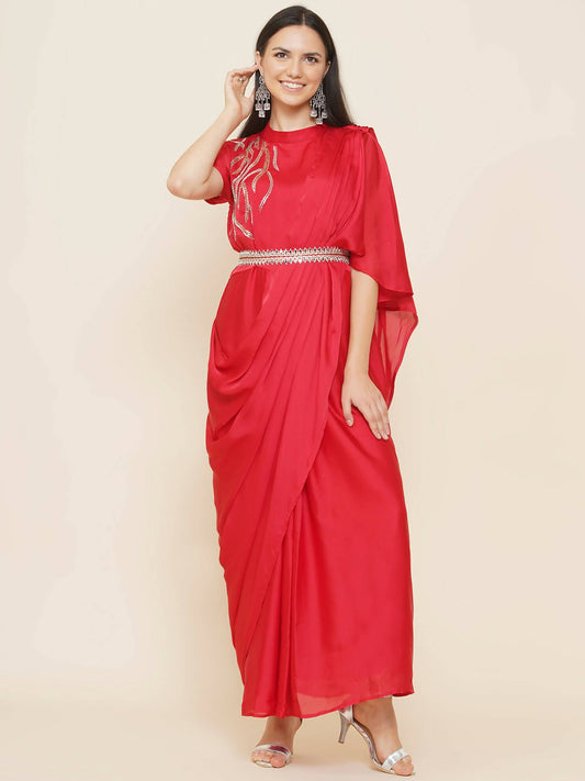 Women Republic Red Hand Embelleshed Gown With Drape