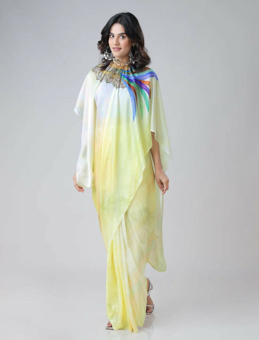 Vastranavya Ombre Yellow Multi-Color Leaves Mandalaa Print Freehand Ready to Wear Saree | Swadesiicart