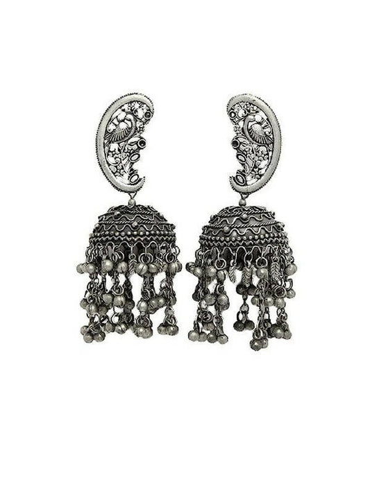 Peacock Shaped Tribal Design Oxidised Silver Plated Chandelier Jhumkas (VMC-PCK1) By House of Ree | Swadesiicart