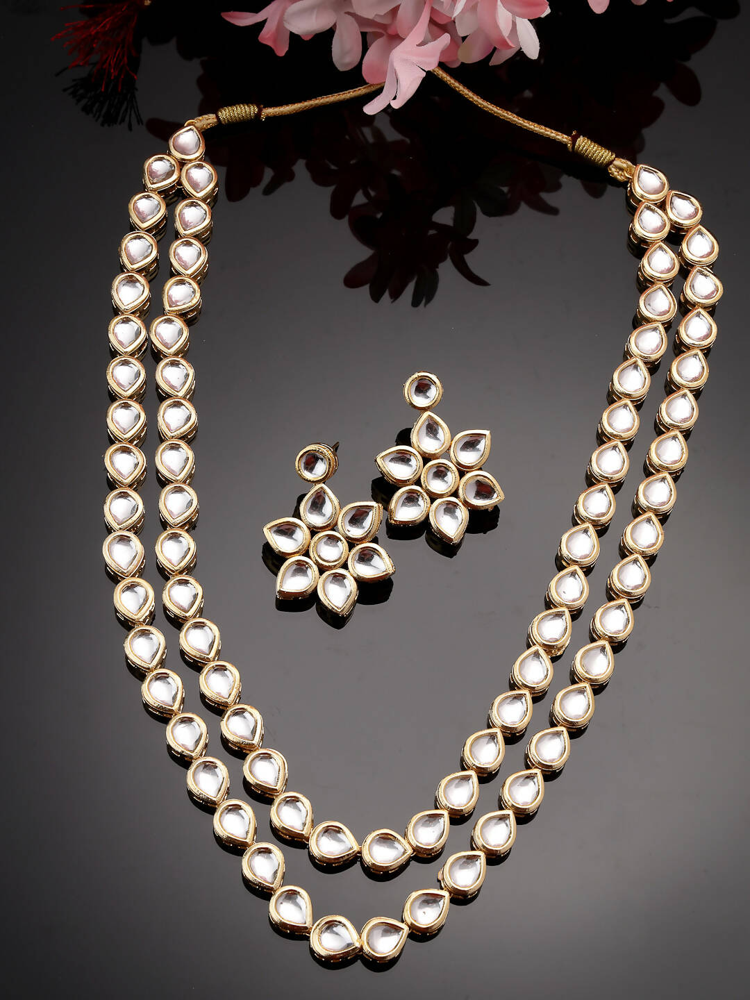 NVR Women's Gold-Polished Kundan 2 Layered Handcrafted Jewellery Sets With Drop Earrings - Swadesiicart