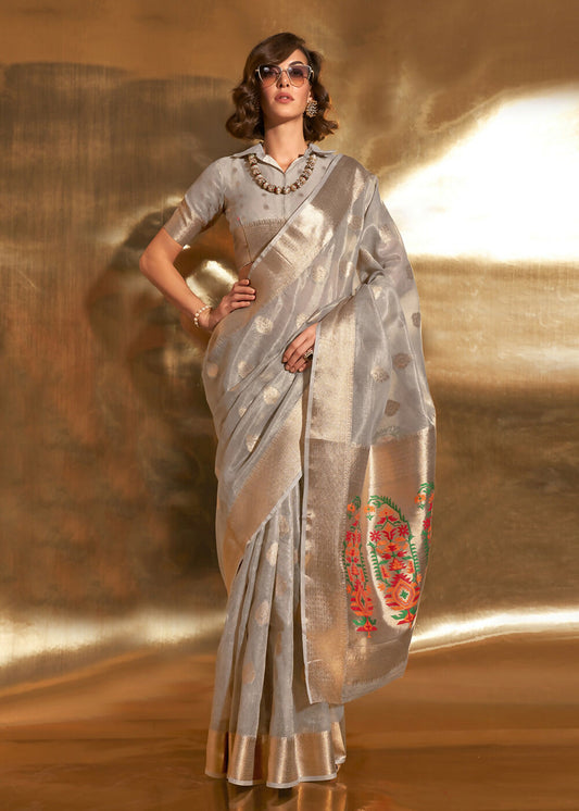 Grey Handwoven Tissue Fabric Festive & Party Style Saree - Emponline | Swadesiicart