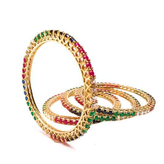 Gold-Polished Alloy Multicolour Set Of 4 American Diamond Bangles - The Pari - The Pari - Dinesh Associates