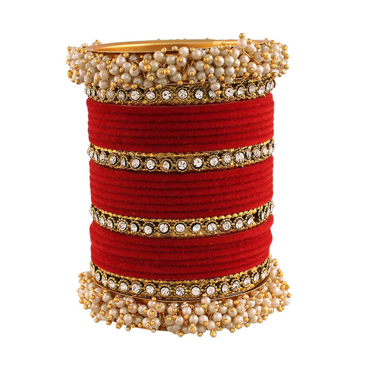 Gold-Polished Alloy Red Velvet Bangle Set With Pearl Bangle - The Pari - The Pari - Dinesh Associates