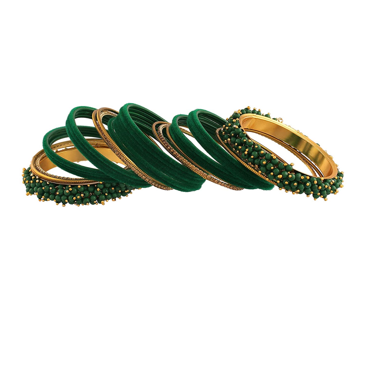 Gold-Polished Alloy Designer Green Velvet Bangle Set - The Pari - Swadesiicart