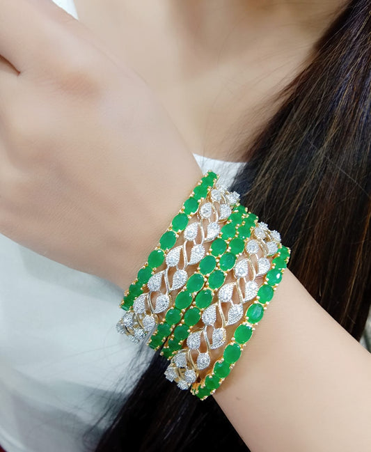 Gold-Polished Alloy American Diamond Combo Of Green & Silver Bangles - The Pari - The Pari - Dinesh Associates