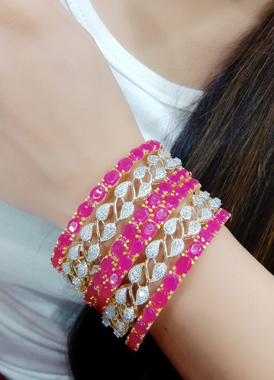 Gold-Polished Alloy American Diamond Combo Of Ruby & Silver Bangles - The Pari - The Pari - Dinesh Associates