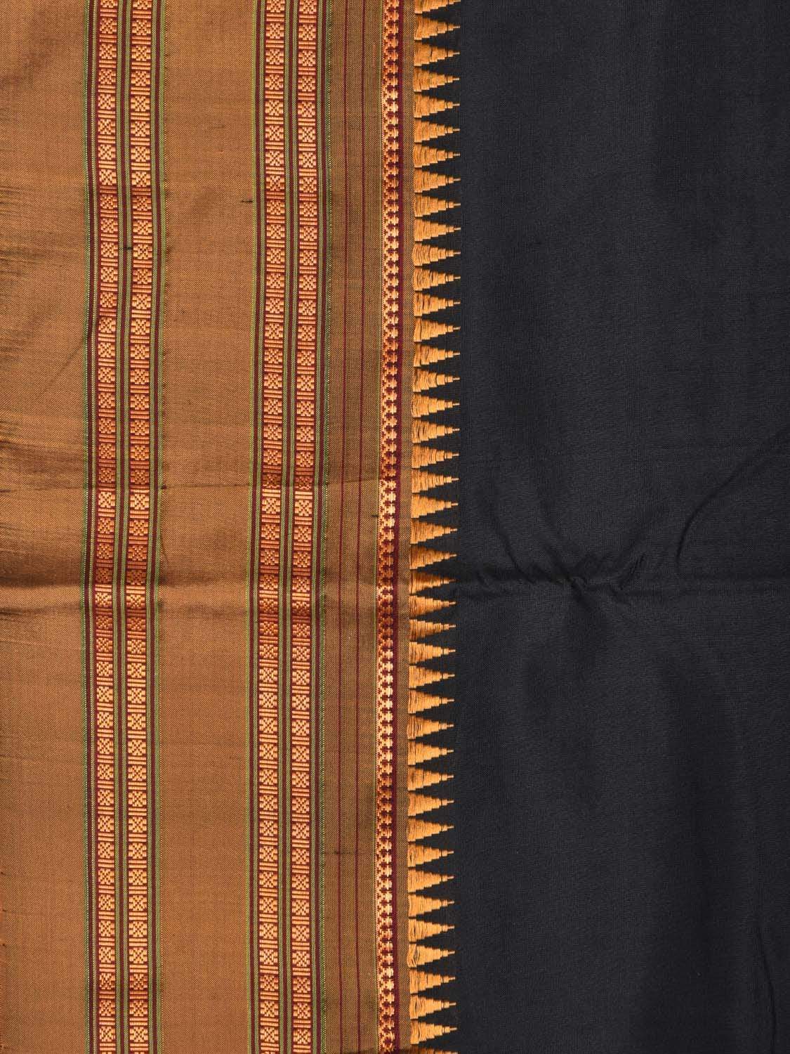 Black and Mustard Narayanpet Silk Handloom Plain Saree with Traditional Border Design No Blouse - Global Threads | Swadesiicart