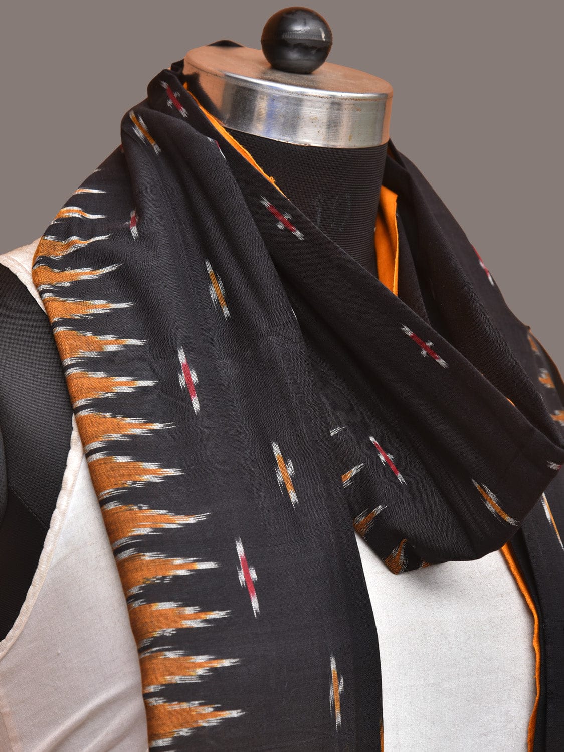 Black and Orange Pochampally Ikat Cotton Handloom Dupatta with Temple Border Design - Global Threads | Swadesiicart