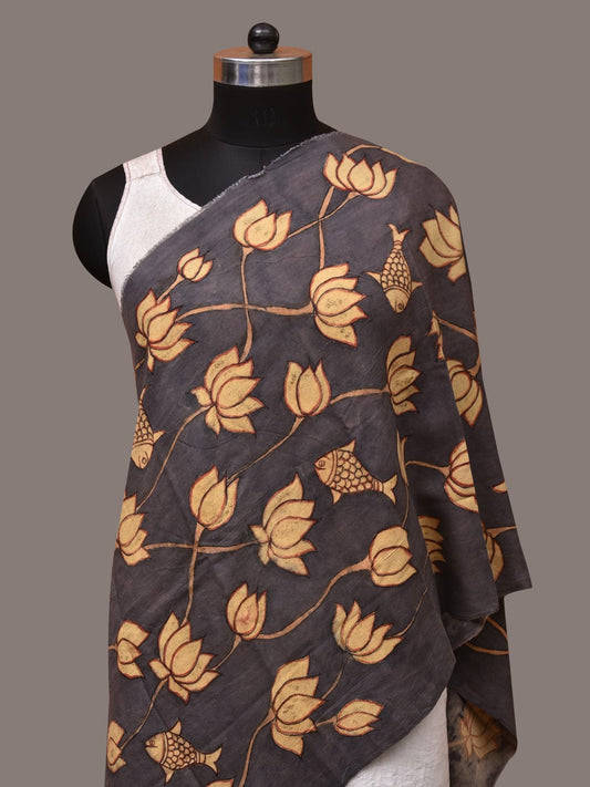 Black Kalamkari Hand Painted Sico Dupatta with Lotus and Fish Design - Global Threads | Swadesiicart
