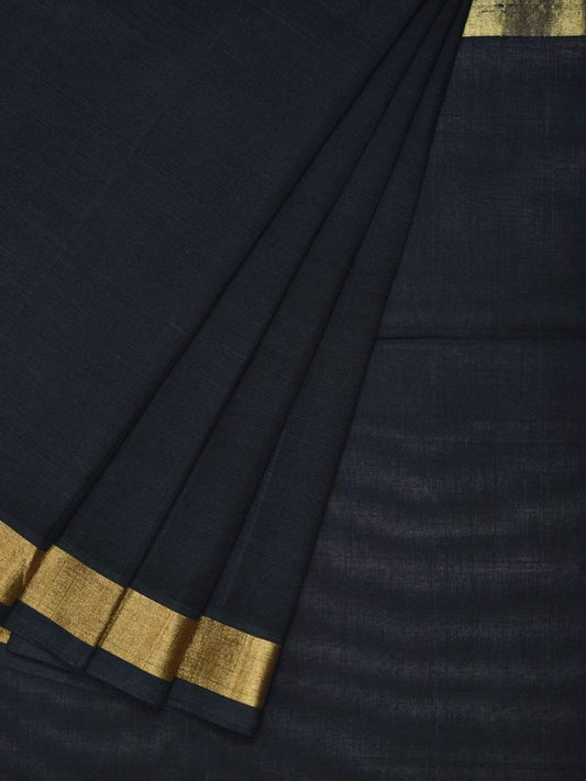 Black Khadi Cotton Handloom Plain Saree with Zari Border - Global Threads | Swadesiicart