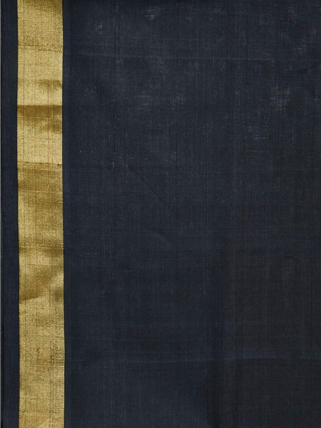 Black Khadi Cotton Handloom Plain Saree with Zari Border - Global Threads | Swadesiicart