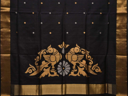 Black Uppada Silk Handloom Saree with Birds Pallu Design - Global Threads | Swadesiicart