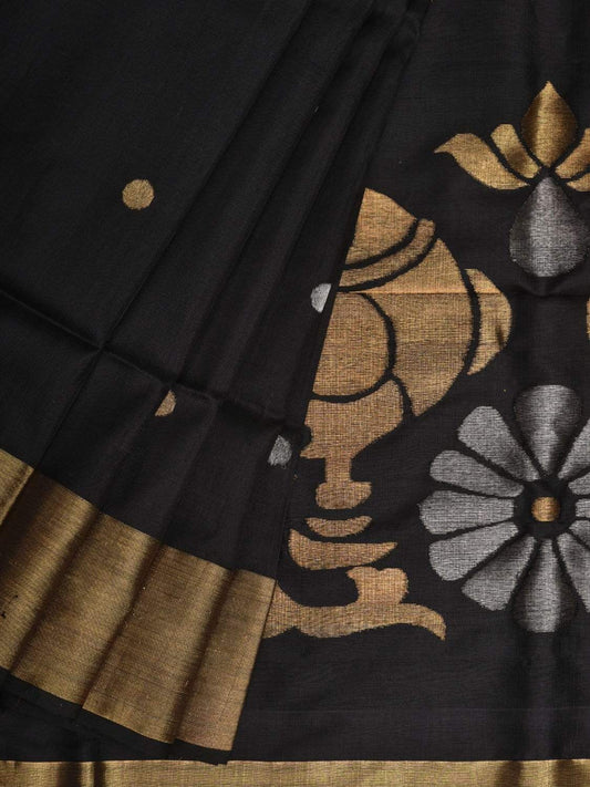 Black Uppada Silk Handloom Saree with Birds Pallu Design - Global Threads | Swadesiicart