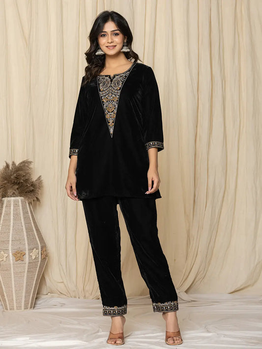 Yufta Black Velvet Embroidered Co-Ord Set - Swadesiicart