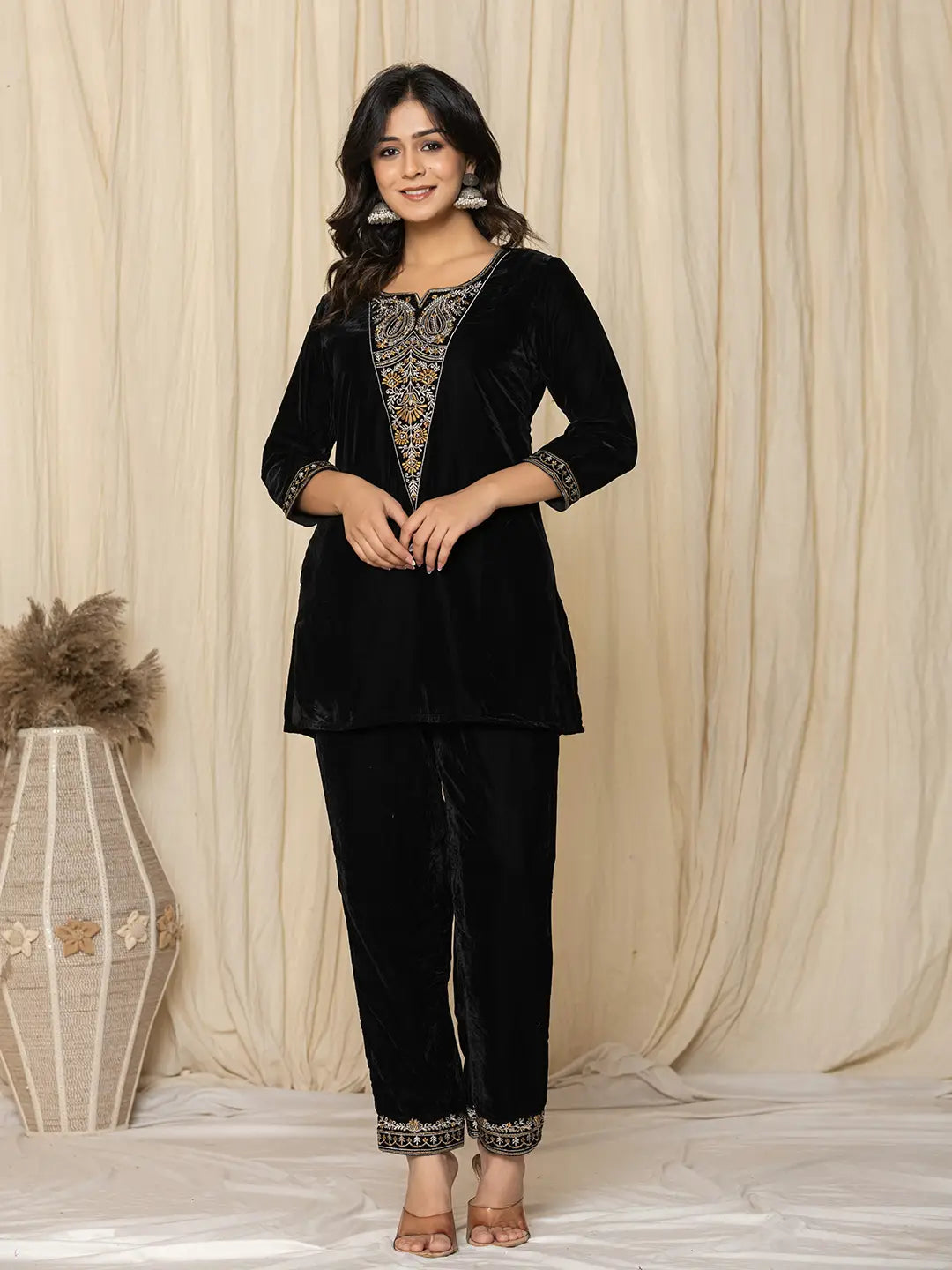 Yufta Black Velvet Embroidered Co-Ord Set - Swadesiicart
