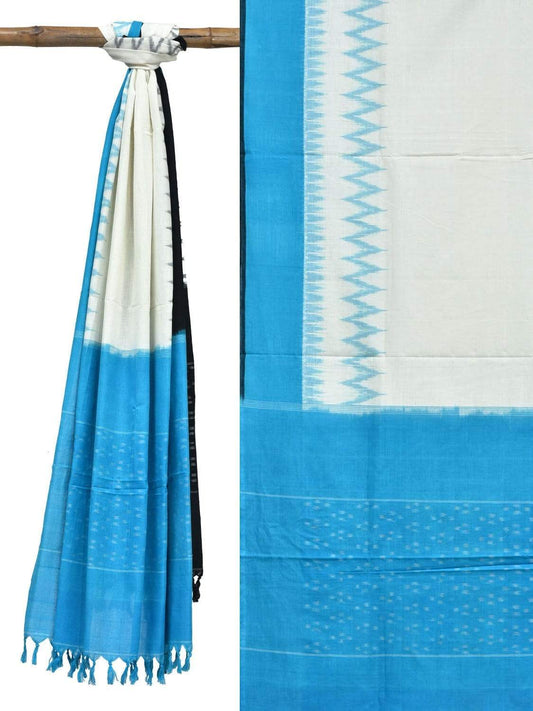 Blue and Black Pochampally Ikat Cotton Handloom Dupatta with Ganga-Jamuna Border - Global Threads | Swadesiicart
