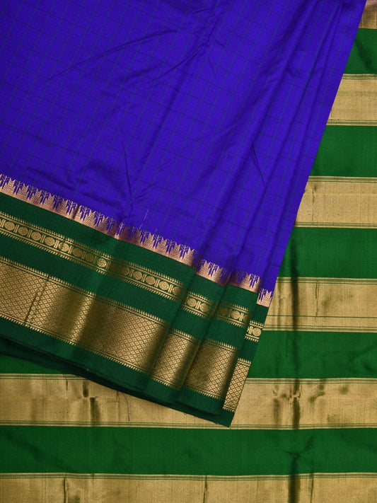 Blue and Green Gadwal Silk Handloom Saree with Checks Design - Global Threads | Swadesiicart