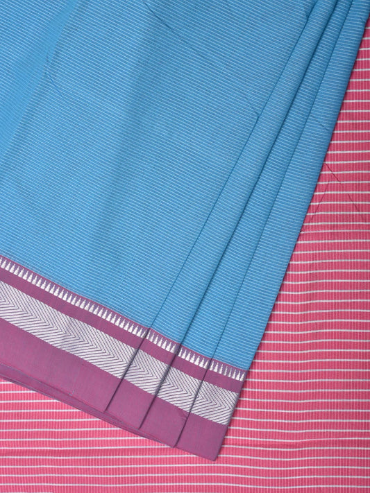 Blue and Pink Bamboo Cotton Saree with Strips Design No Blouse - Global Threads | Swadesiicart